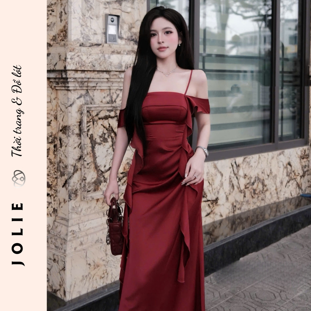 Váy Dạ Hội Hai Dây Trễ Vai Phối Bèo Nhún Dáng Dài Sang Trọng Cao Cấp - JOLIE