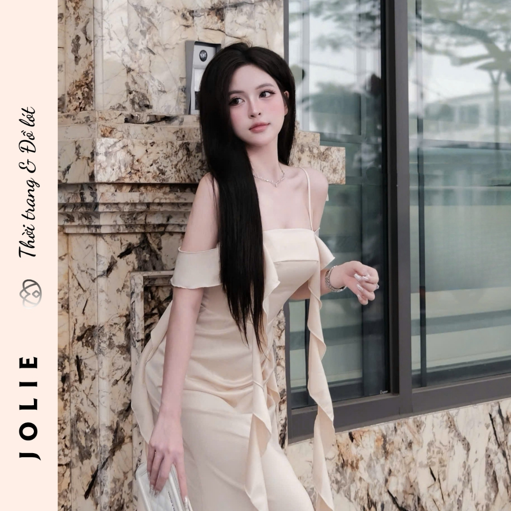 Váy Dạ Hội Hai Dây Trễ Vai Phối Bèo Nhún Dáng Dài Sang Trọng Cao Cấp - JOLIE