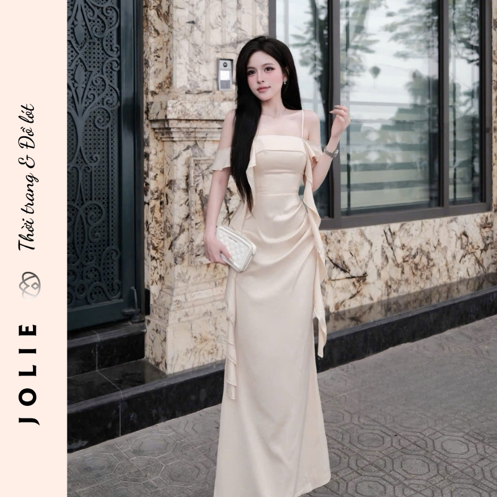 Váy Dạ Hội Hai Dây Trễ Vai Phối Bèo Nhún Dáng Dài Sang Trọng Cao Cấp - JOLIE
