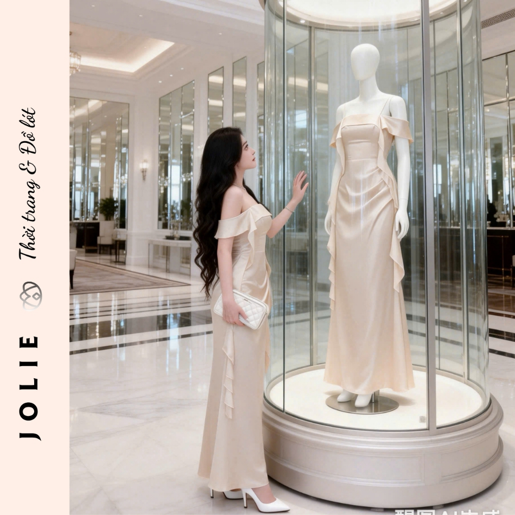 Váy Dạ Hội Hai Dây Trễ Vai Phối Bèo Nhún Dáng Dài Sang Trọng Cao Cấp - JOLIE