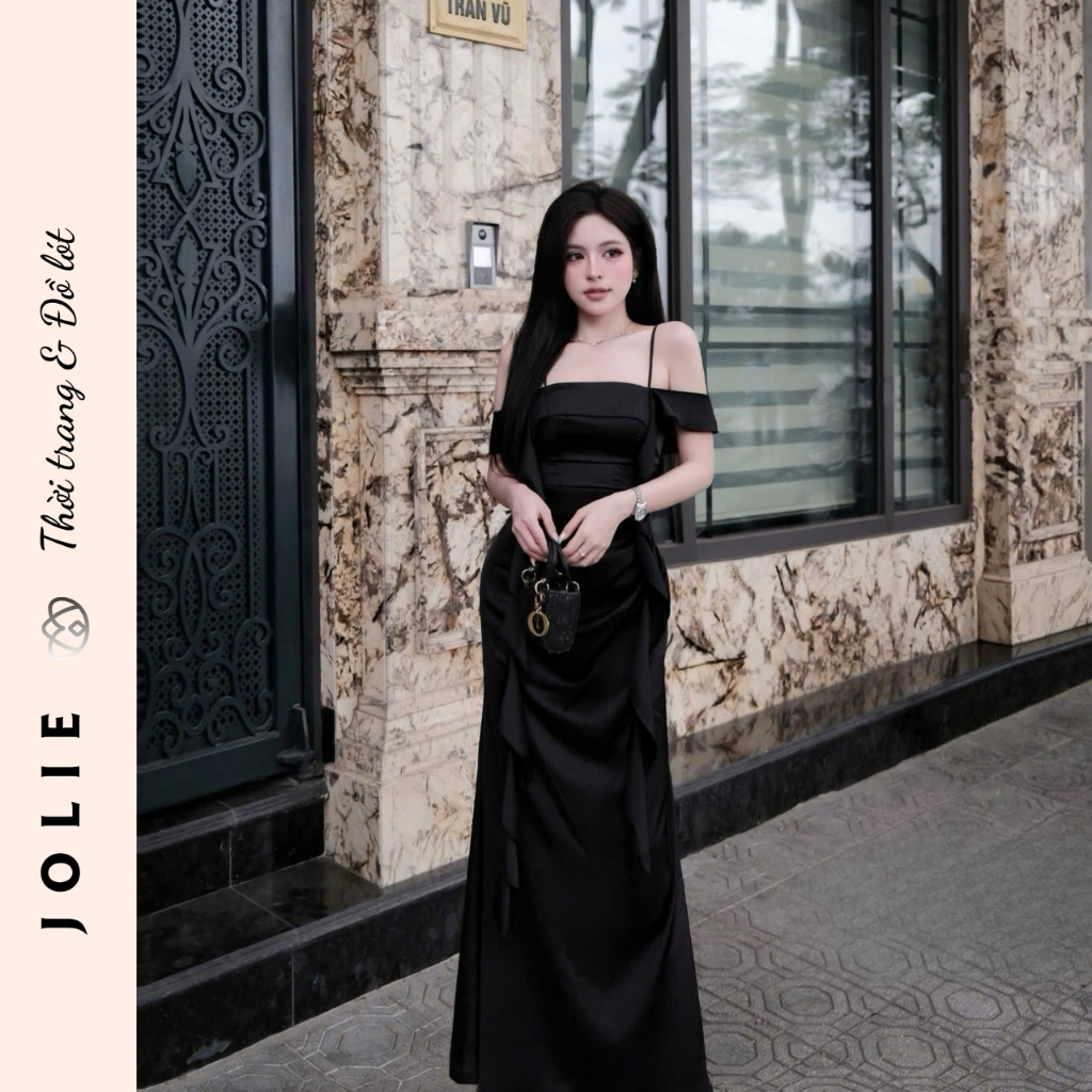 Váy Dạ Hội Hai Dây Trễ Vai Phối Bèo Nhún Dáng Dài Sang Trọng Cao Cấp - JOLIE