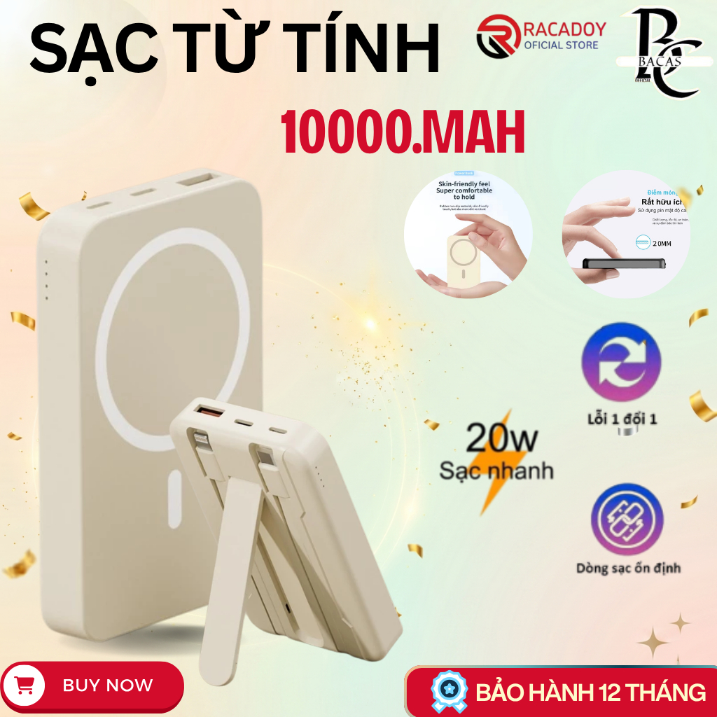 Sạc dự phòng không dây 10000mAh từ tính mini nhỏ gọn - Có sẵn 2 dây sạc - Hít Nam Châm Siêu Chắc