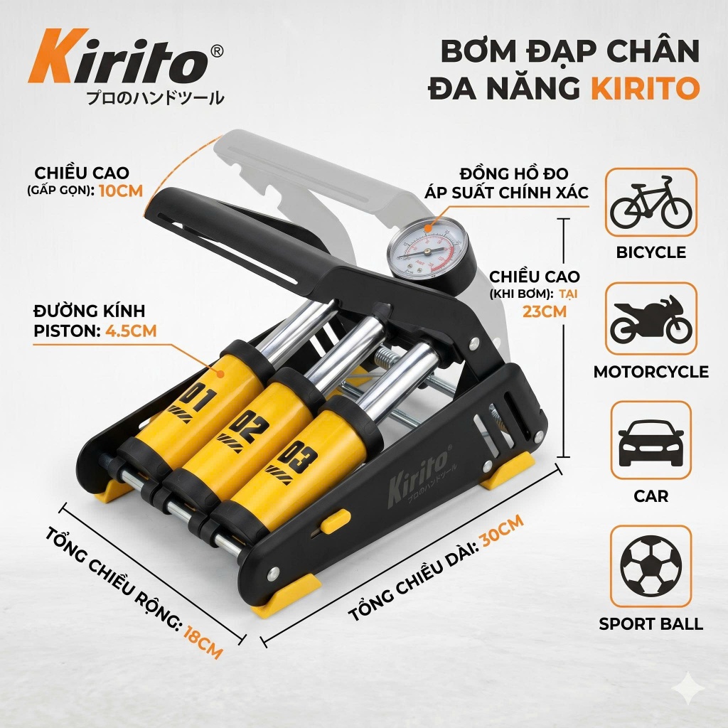 Bơm Đạp Chân Kirito 1/2/3 Piton – Bơm Xe Máy, Oto, Xe Đạp – Bơm Siêu Nhanh, Đa Năng