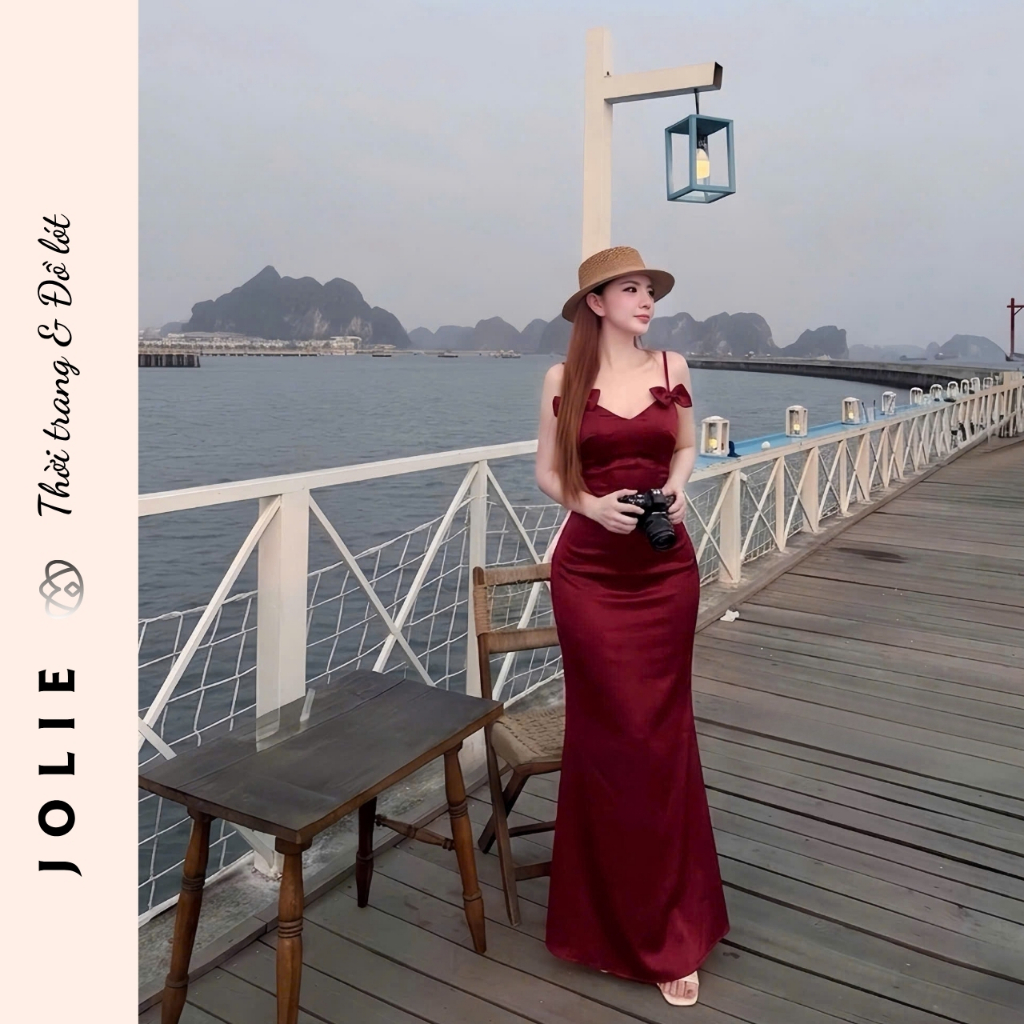 Váy Lụa Hai Dây Dáng Dài Phối Nơ Ngực Quyến Rũ Thiết Kế Sang Trọng - JOLIE