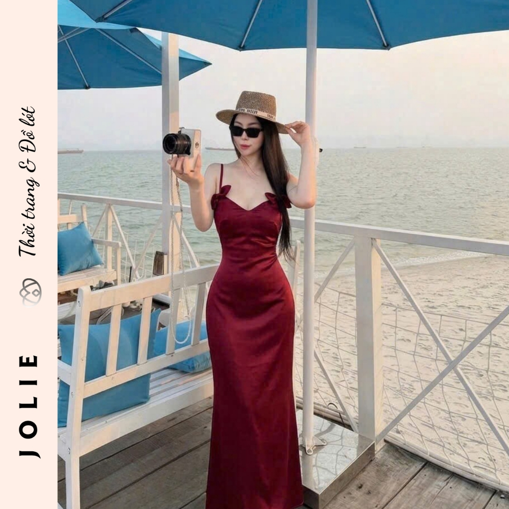 Váy Lụa Hai Dây Dáng Dài Phối Nơ Ngực Quyến Rũ Thiết Kế Sang Trọng - JOLIE