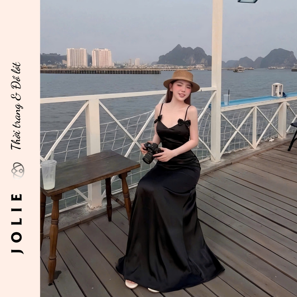 Váy Lụa Hai Dây Dáng Dài Phối Nơ Ngực Quyến Rũ Thiết Kế Sang Trọng - JOLIE