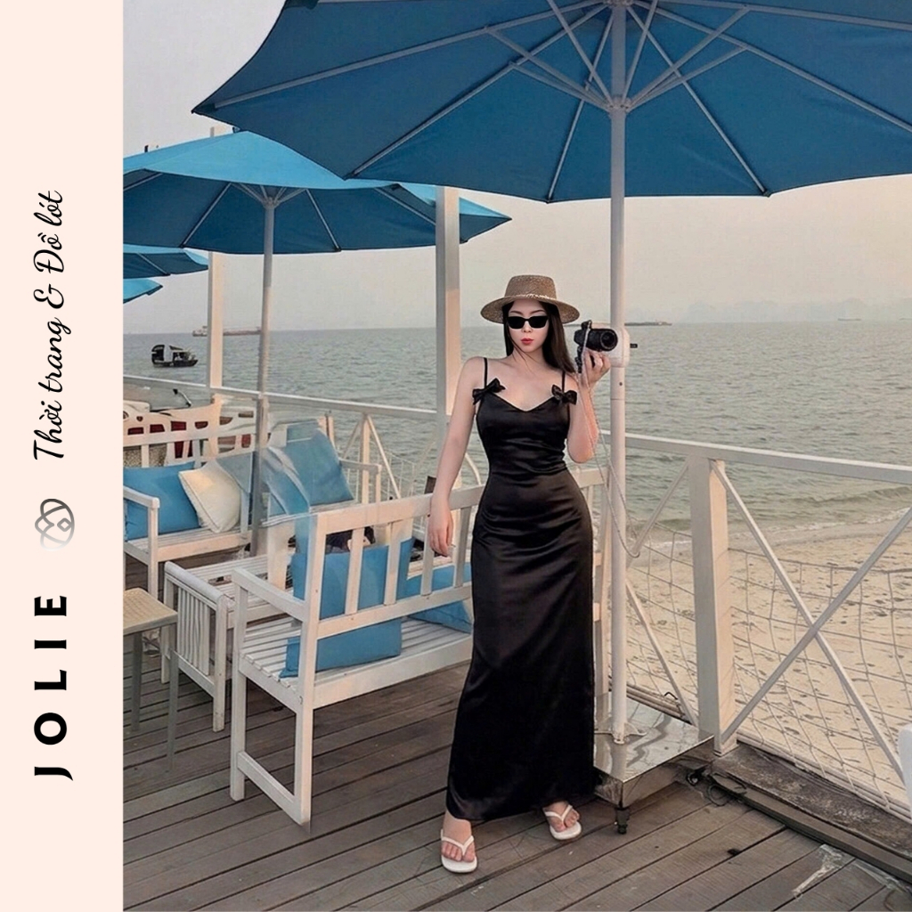 Váy Lụa Hai Dây Dáng Dài Phối Nơ Ngực Quyến Rũ Thiết Kế Sang Trọng - JOLIE