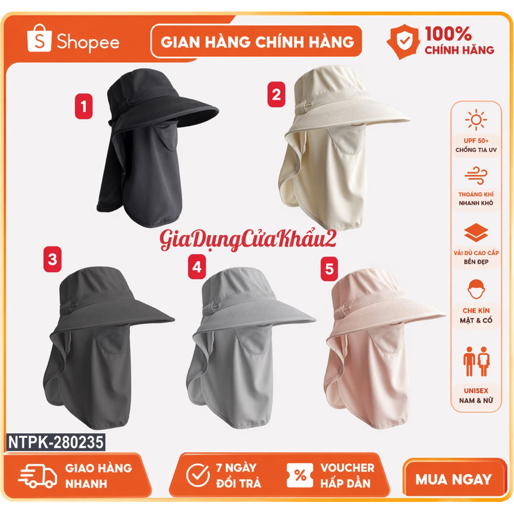 Mũ Chống Nắng Full Mặt UPF50+ Có Khăn Che Cổ, Nón Rộng Vành Chống UV, Thoáng Khí, Unisex Nam Nữ