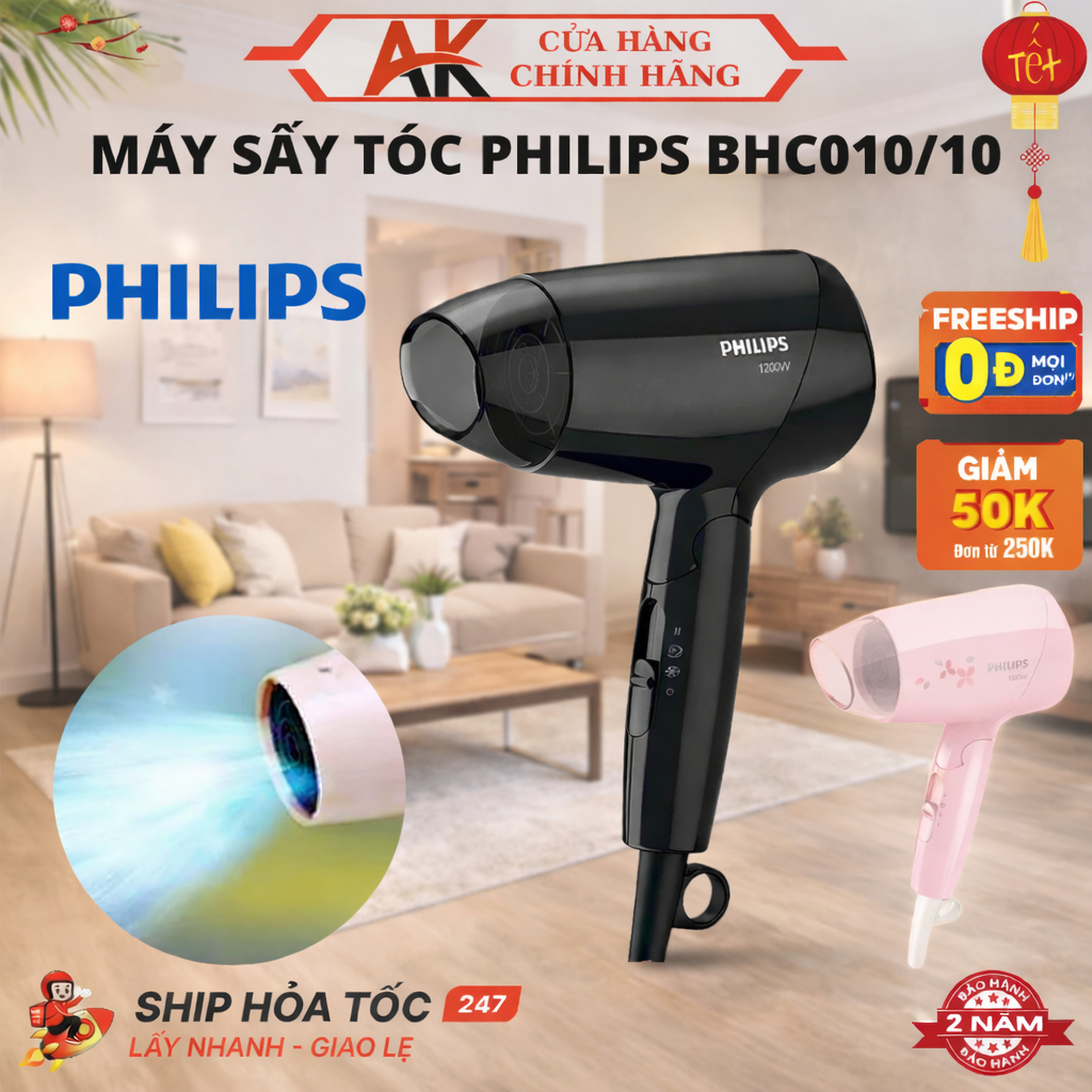 Máy Sấy Tóc PHILIPS BHC010/10 Công Suất 1200W, Thiết Kế Gấp Gọn Với 3 Chế Độ Sấy Khô Nhanh, Hiệu Quả