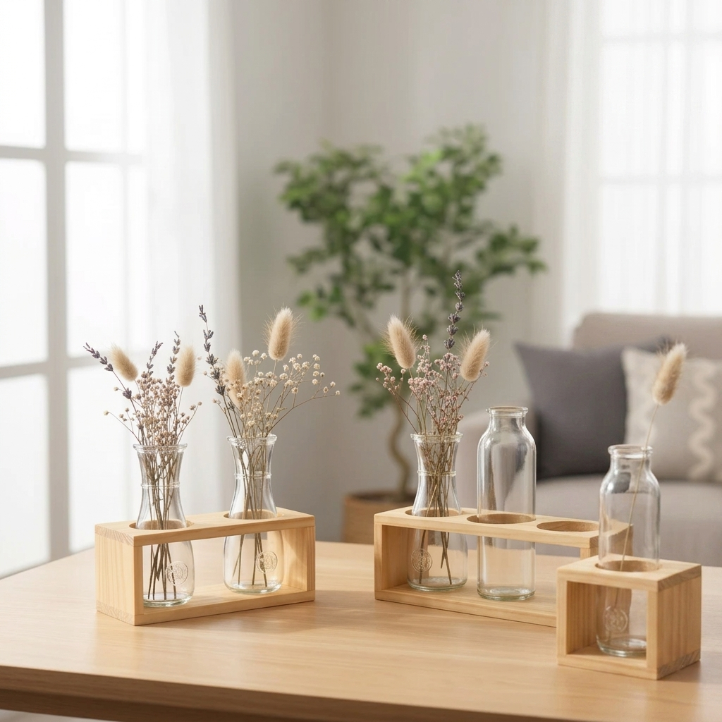 Kệ Gỗ Đựng Lọ Cắm Hoa Thủy Tinh Decor Bàn Làm Việc - Trồng Cây Thủy Sinh Mini Phong Cách Vintage