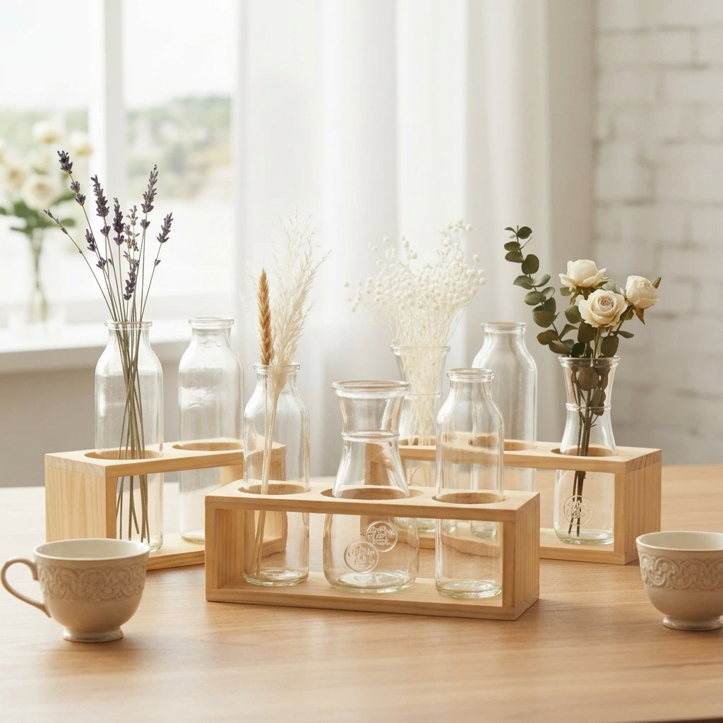 Kệ Gỗ Decor Cắm Hoa Thủy Tinh Để Bàn - Bình Thủy Sinh Trang Trí Bàn Làm Việc Phong Cách Vintage Tối Giản (1, 2, 3 Ô)