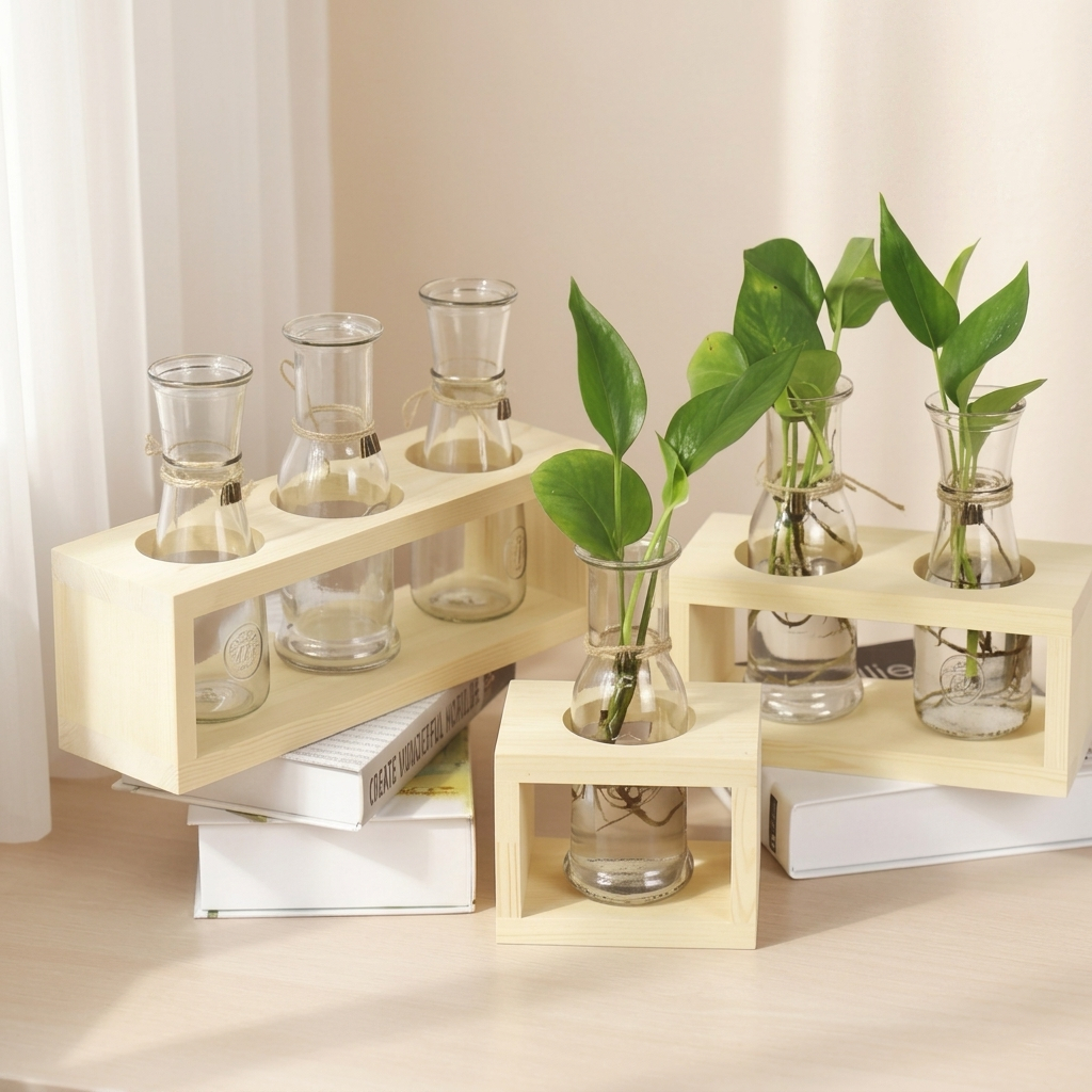 Kệ Gỗ Decor Cắm Hoa Thủy Tinh Để Bàn - Bình Thủy Sinh Trang Trí Bàn Làm Việc Phong Cách Vintage Tối Giản (1, 2, 3 Ô)