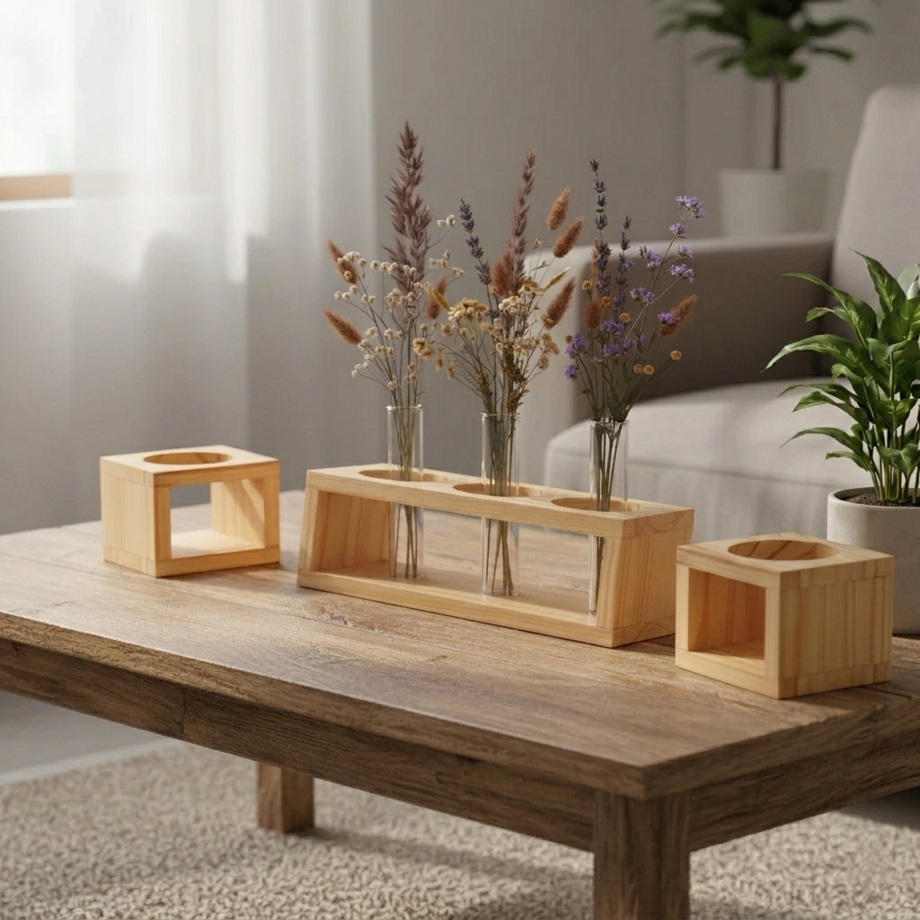 Kệ Gỗ Đựng Lọ Cắm Hoa Thủy Tinh Decor Bàn Làm Việc - Trồng Cây Thủy Sinh Mini Phong Cách Vintage