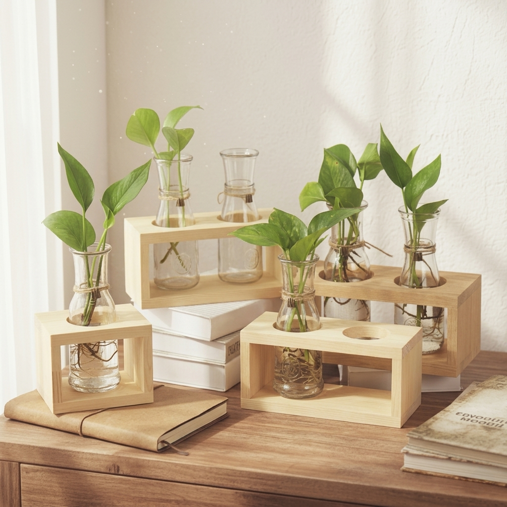 Kệ Gỗ Đựng Lọ Cắm Hoa Thủy Tinh Decor Bàn Làm Việc - Trồng Cây Thủy Sinh Mini Phong Cách Vintage