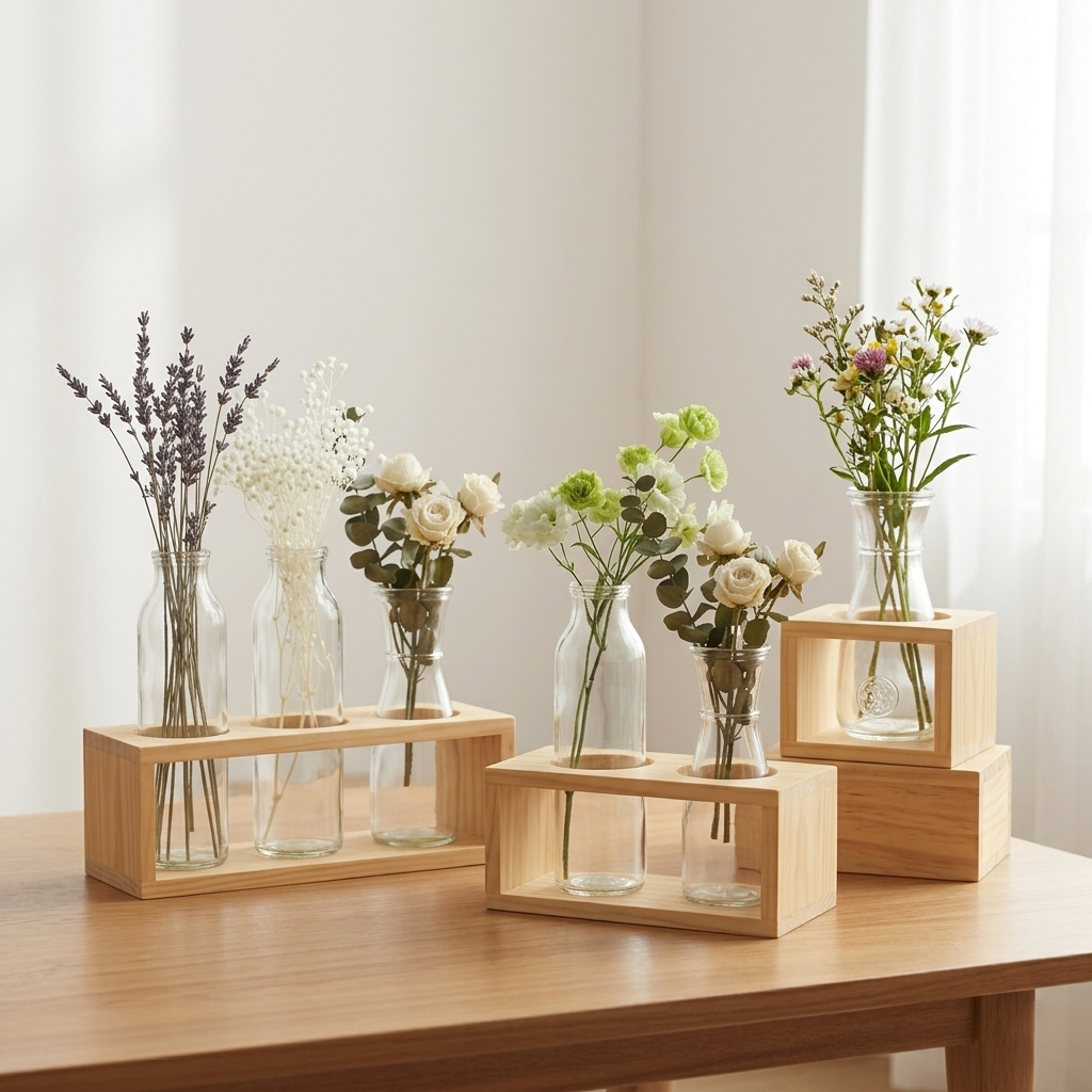 Kệ Gỗ Đựng Lọ Cắm Hoa Thủy Tinh Decor Bàn Làm Việc - Trồng Cây Thủy Sinh Mini Phong Cách Vintage