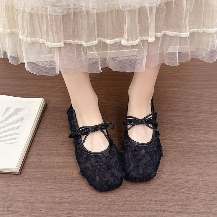 Giày Đế Bệt Ren Nữ, Giày Búp Bê Nữ Phối Hoa Hồng Hai Màu Đen Trắng Đi Nhẹ Êm Chân  (CÓ HỖ TRỢ ĐỔI SIZE) || Mã N40