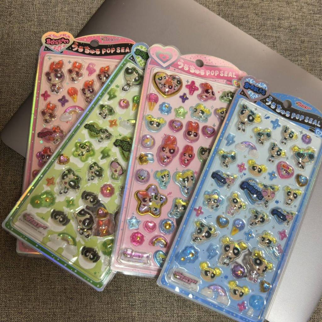 Sticker Nổi 3D Powerpuff Girls Hoa Hoa Bong Bóng Bơ Dập Nhũ Chống Nước - Dán Điện Thoại Sổ Tay DIY