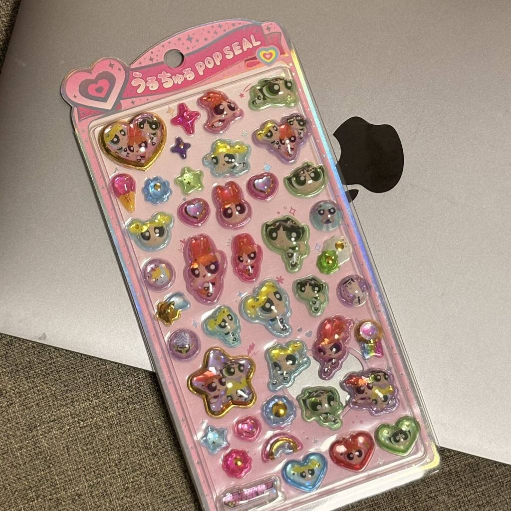 Sticker Nổi 3D Powerpuff Girls Hoa Hoa Bong Bóng Bơ Dập Nhũ Chống Nước - Dán Điện Thoại Sổ Tay DIY