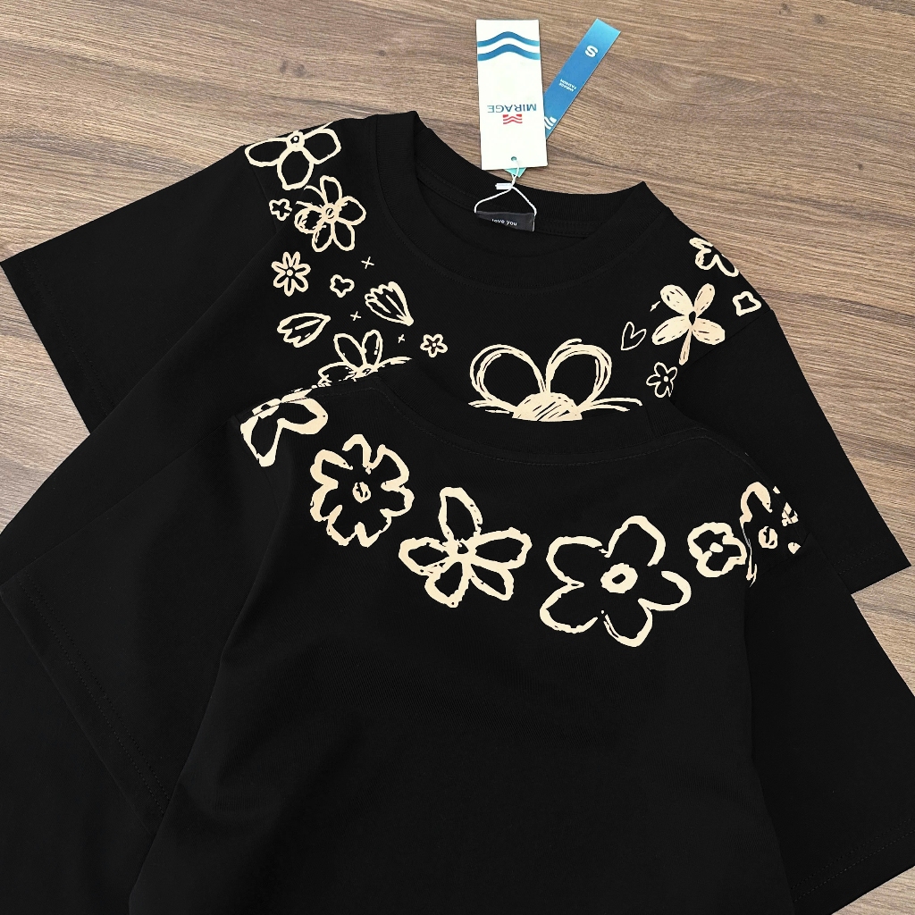 Áo Thun Hoa Viền Cổ Basic, Chất Cotton Mềm Mịn, Có Kèm Hình Thật.