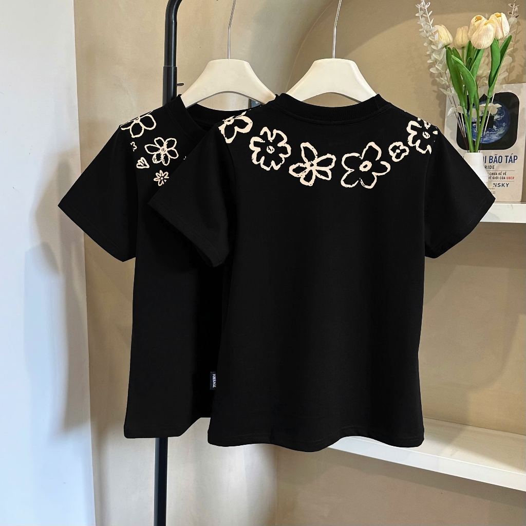 Áo Thun Hoa Viền Cổ Basic, Chất Cotton Mềm Mịn, Có Kèm Hình Thật.
