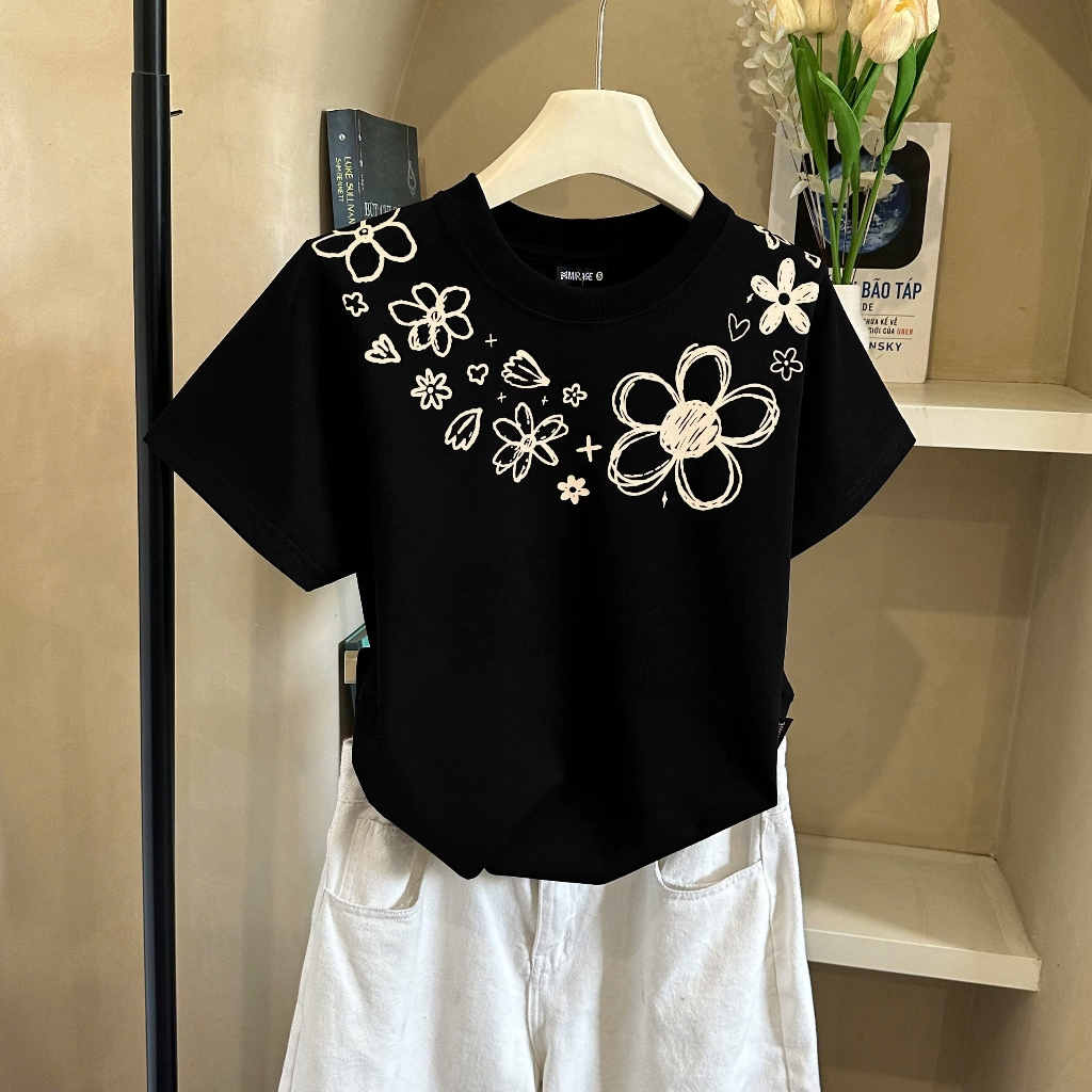 Áo Thun Hoa Viền Cổ Basic, Chất Cotton Mềm Mịn, Có Kèm Hình Thật.