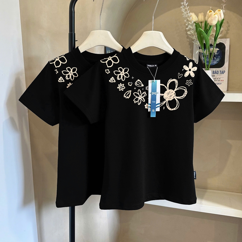 Áo Thun Hoa Viền Cổ Basic, Chất Cotton Mềm Mịn, Có Kèm Hình Thật.