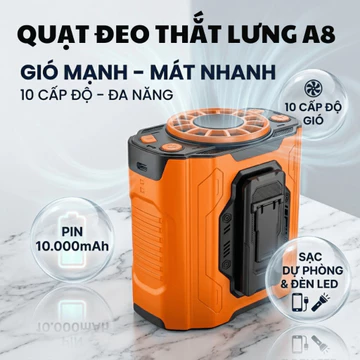 Quạt đeo thắt lưng 10 cấp độ gió GEARSHOP quạt treo eo pin 10.000mAh quạt điều hoà đeo hông đeo cổ thắt lưng kèm dây đeo