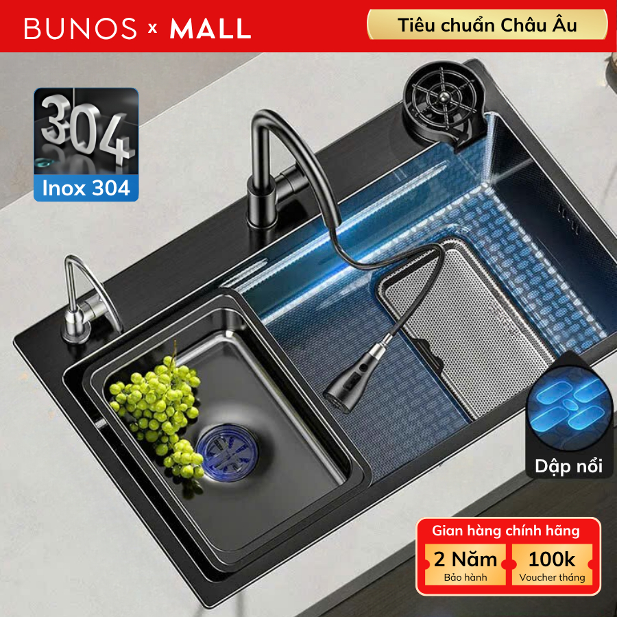 Chậu rửa bát 1 hố cao cấp BUNOS inox 304 không rỉ, dập nổi phủ nano không bám dầu, chống trầy xước