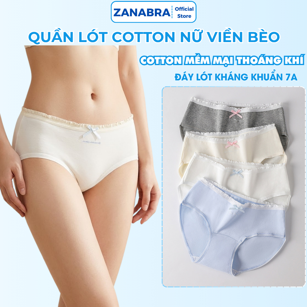 Quần lót nữ cotton cạp vừa đính nơ tinh tế, Quần chip nữ kháng khuẩn 7A viền bèo dễ thương ZANABRA L4119