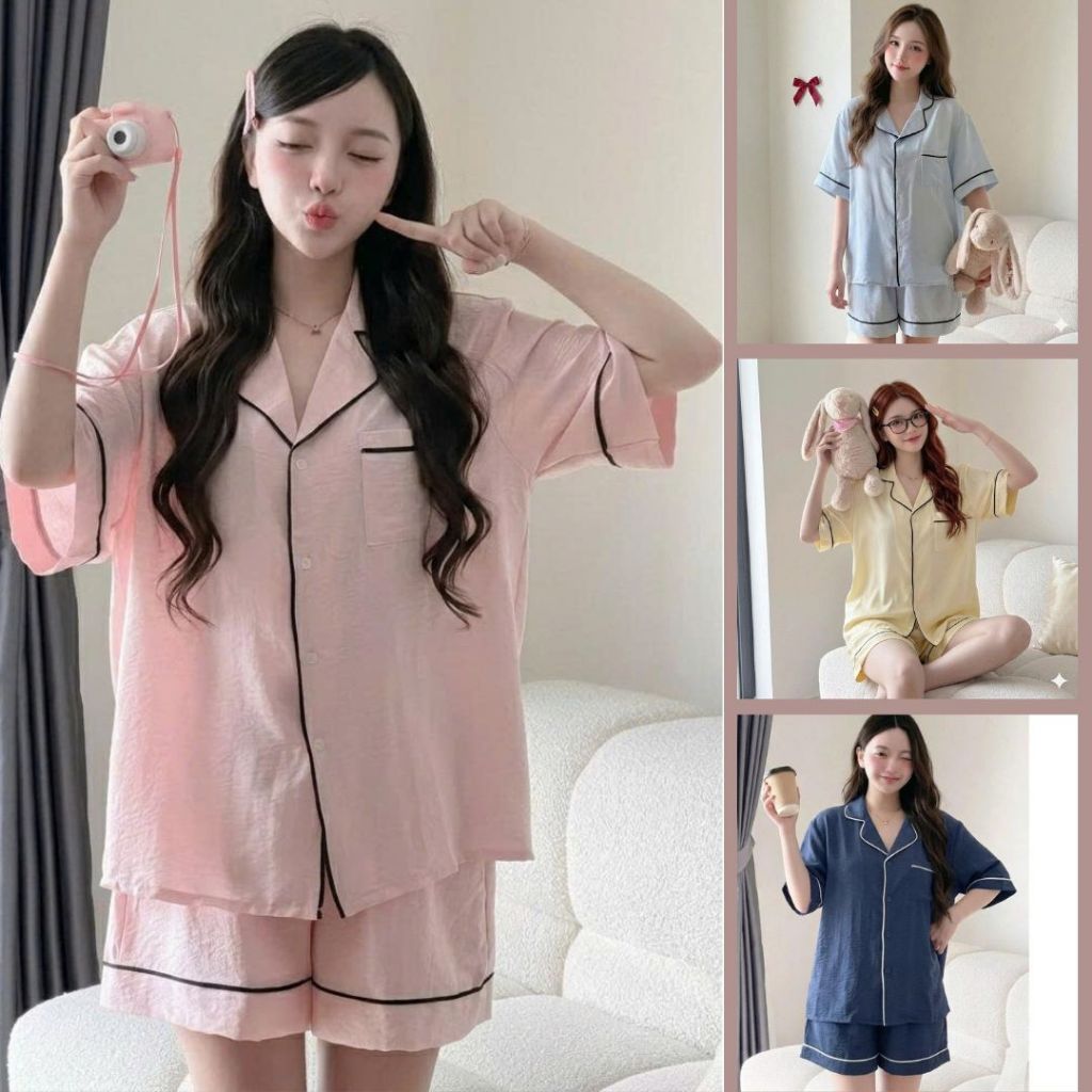 Đồ bộ pijama cộc đùi nữ, đồ bộ mặc nhà tay cộc quần đùi trơn viền đen hot B66 trơn