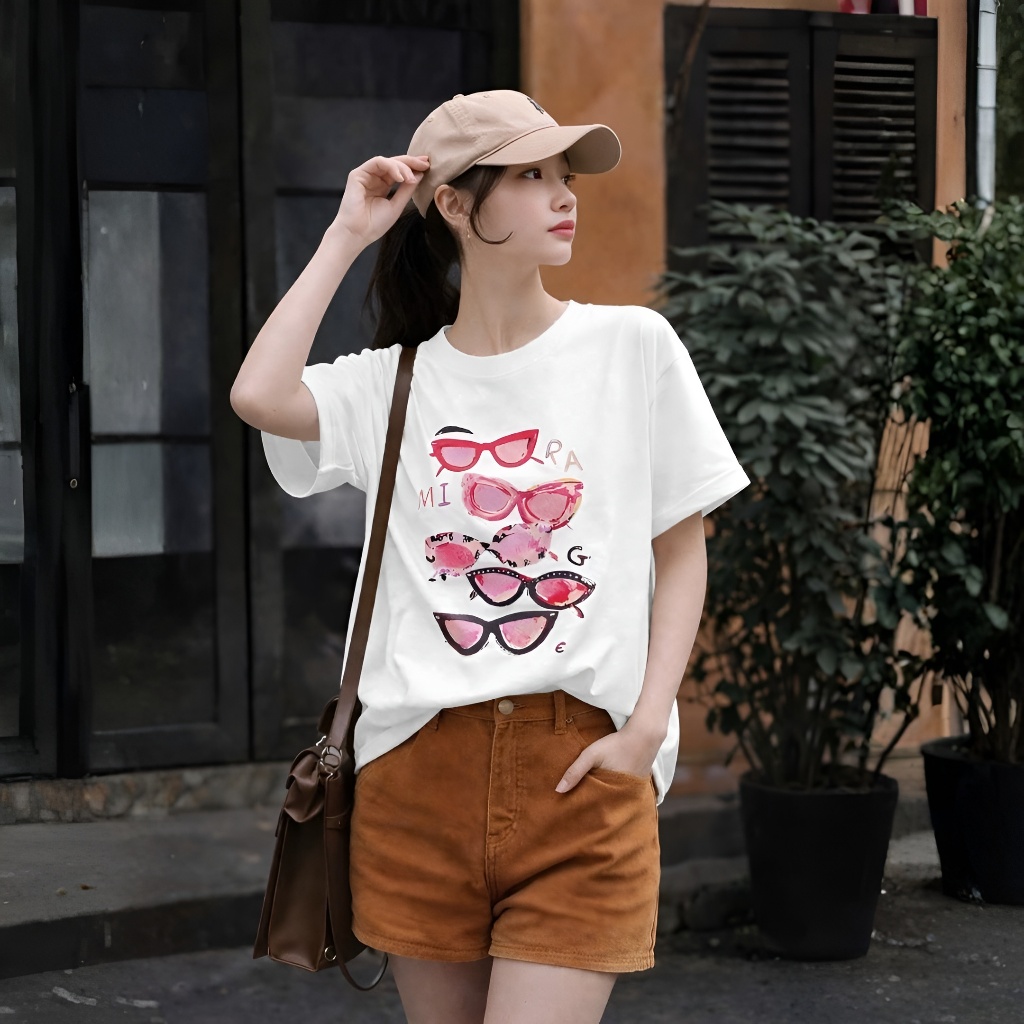 Áo Thun Trắng Phối Kính Hồng Năng Động, Chất Cotton Thoáng Mát, Có Kèm Hình Thật.