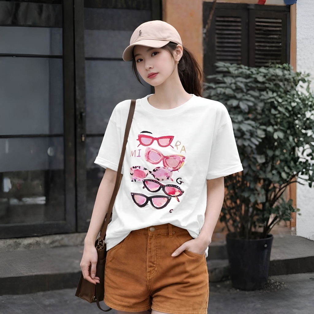 Áo Thun Trắng Phối Kính Hồng Năng Động, Chất Cotton Thoáng Mát, Có Kèm Hình Thật.