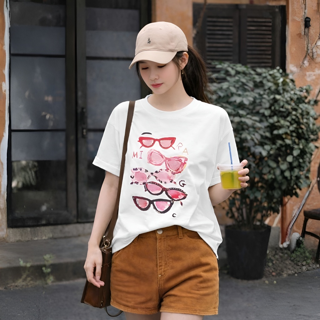 Áo Thun Trắng Phối Kính Hồng Năng Động, Chất Cotton Thoáng Mát, Có Kèm Hình Thật.