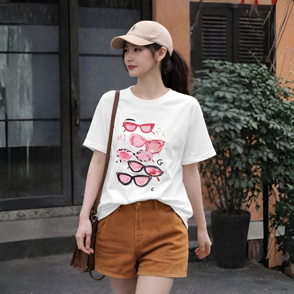 Áo Thun Trắng Phối Kính Hồng Năng Động, Chất Cotton Thoáng Mát, Có Kèm Hình Thật.