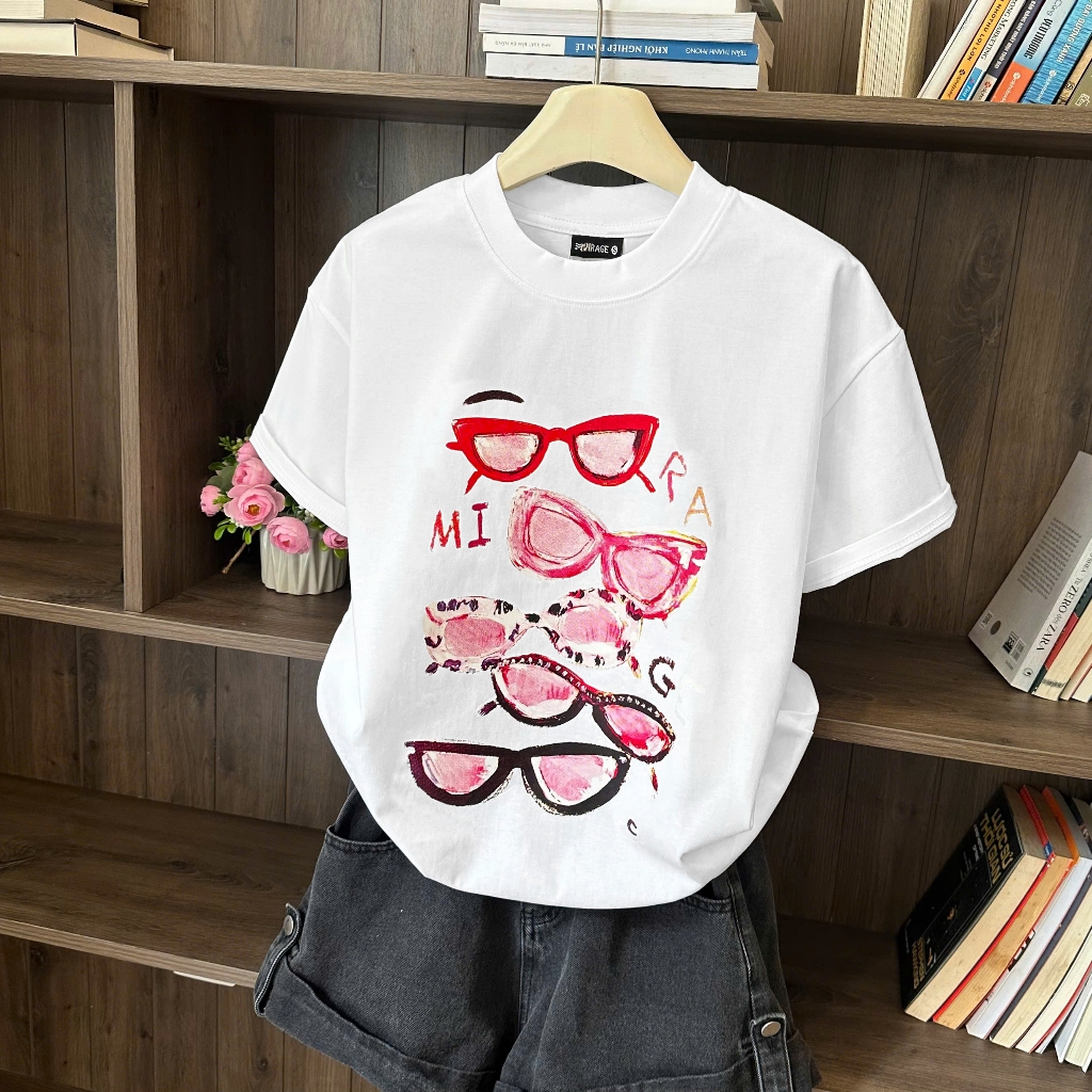 Áo Thun Trắng Phối Kính Hồng Năng Động, Chất Cotton Thoáng Mát, Có Kèm Hình Thật.