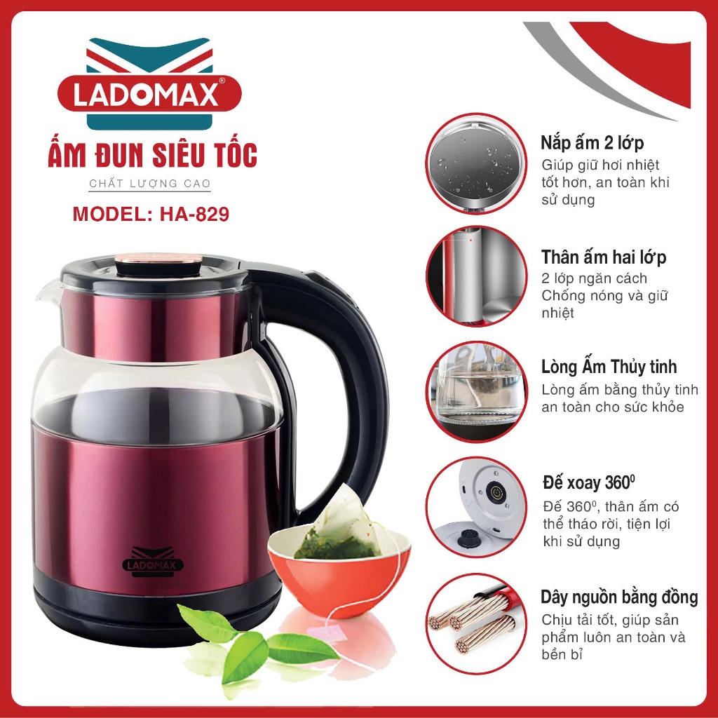 ẤM ĐUN SIÊU TỐC THỦY TINH 2 LỚP LADOMAX Model: HA-829