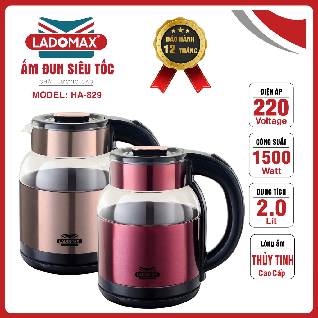 ẤM ĐUN SIÊU TỐC THỦY TINH 2 LỚP LADOMAX Model: HA-829