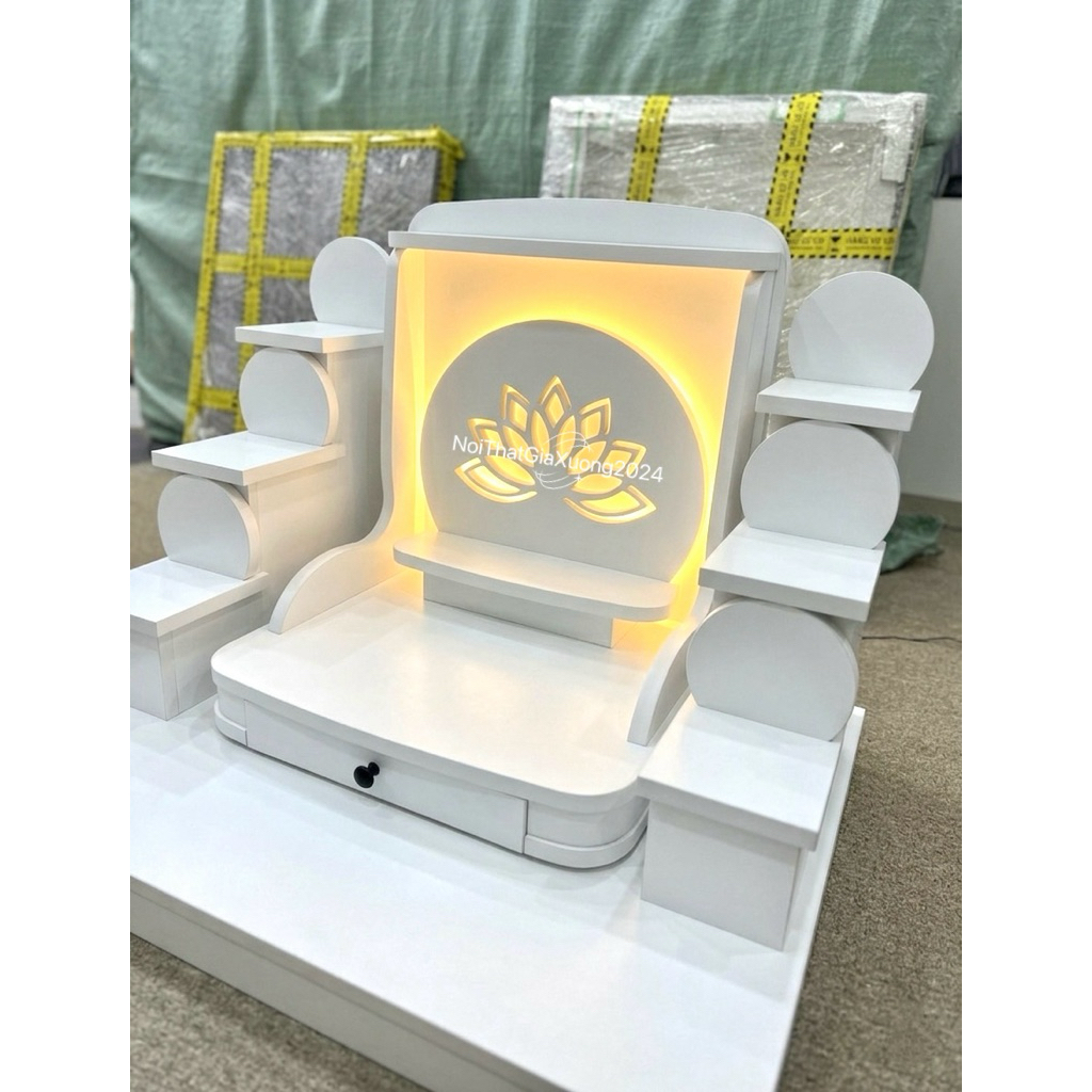 ( Có Đèn Led Sẵn ) TRỌN BỘ BÀN THỜ HOA SEN NHỌN MÀU TRẮNG