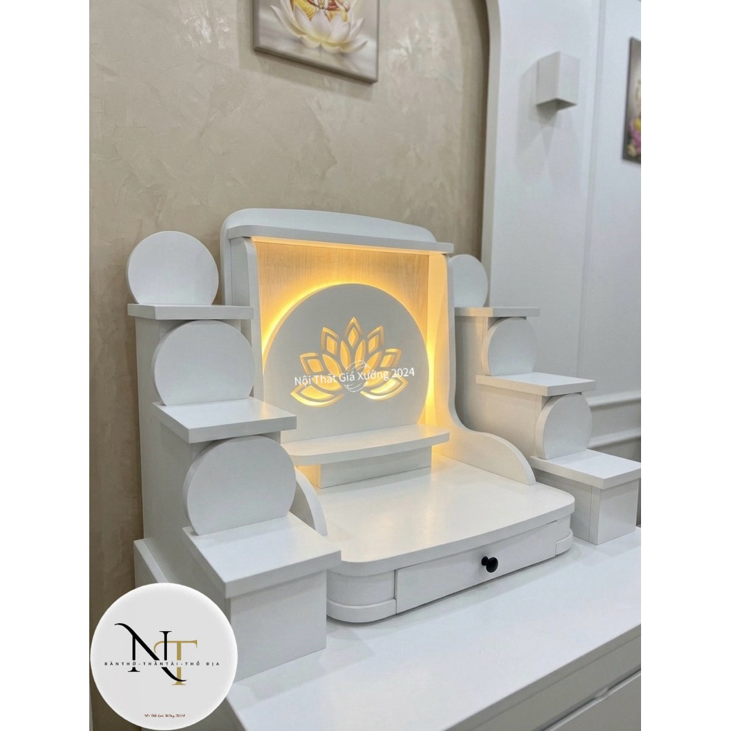 ( Có Đèn Led Sẵn ) TRỌN BỘ BÀN THỜ HOA SEN NHỌN MÀU TRẮNG