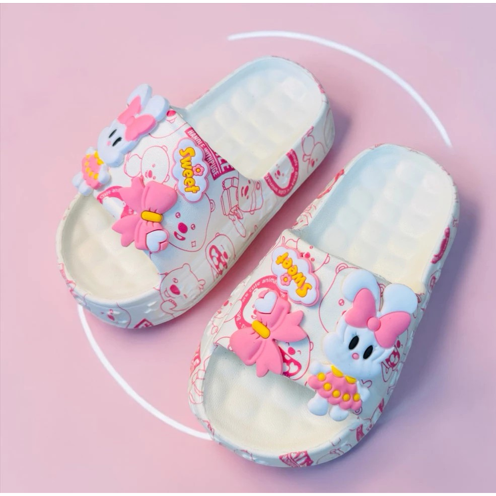 Dép bánh mì thời trang quai ngang hoạt hình thỏ nơ xinh mềm êm chân bé gái