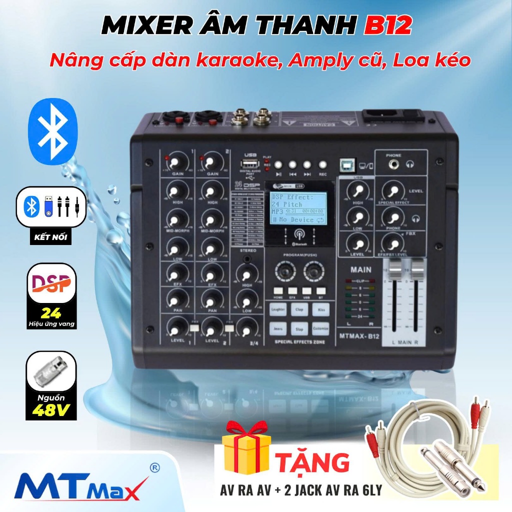 [ Tặng dây ] Mixer Nâng Cắp Âm Thanh Loa Kéo , Âmply MTMax B12 4 Kênh (3 Mono, 1 Stereo) 24 Hiệu Ứng