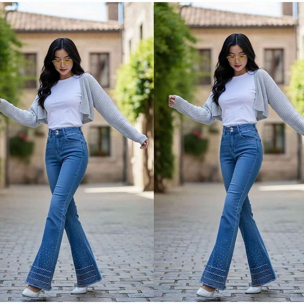 [101-103cm] Quần jeans Nữ Lưng cao Ống Loe Dài Thêu Và Đính Đá Tôn Dáng Thời trang Lai Tua