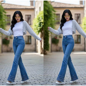 Quần jeans Nữ Lưng cao Ống Loe Dài Thêu Và Đính Đá Tôn Dáng Thời trang Lai Tua