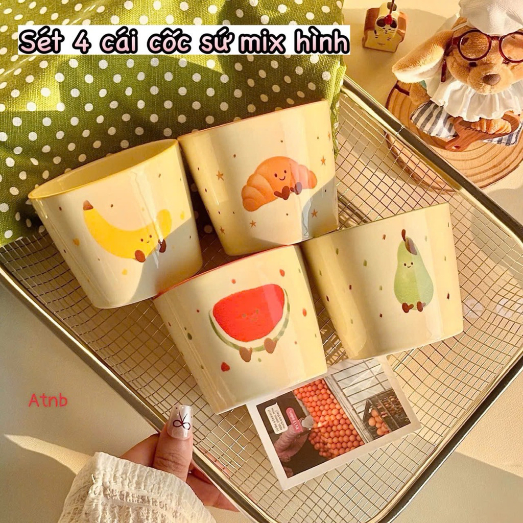 🍹 Set 4 Cốc Sứ Mix Hình Dễ Thương – Xinh Xắn Cho Mọi Góc Chill 💖