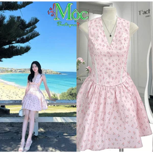 AXT_ Đầm váy ngắn, đầm hoa nhí phối Ren không tay có lót màu hồng chiết eo cổ V hot trend dễ phối