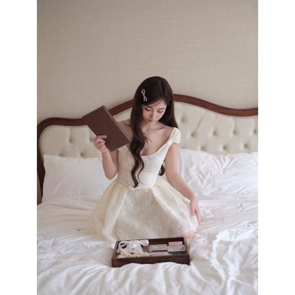 NH CLOTHER -Đầm ren trắng sát nách phối nơ eo nhỏ xinh phong cách tiểu thư