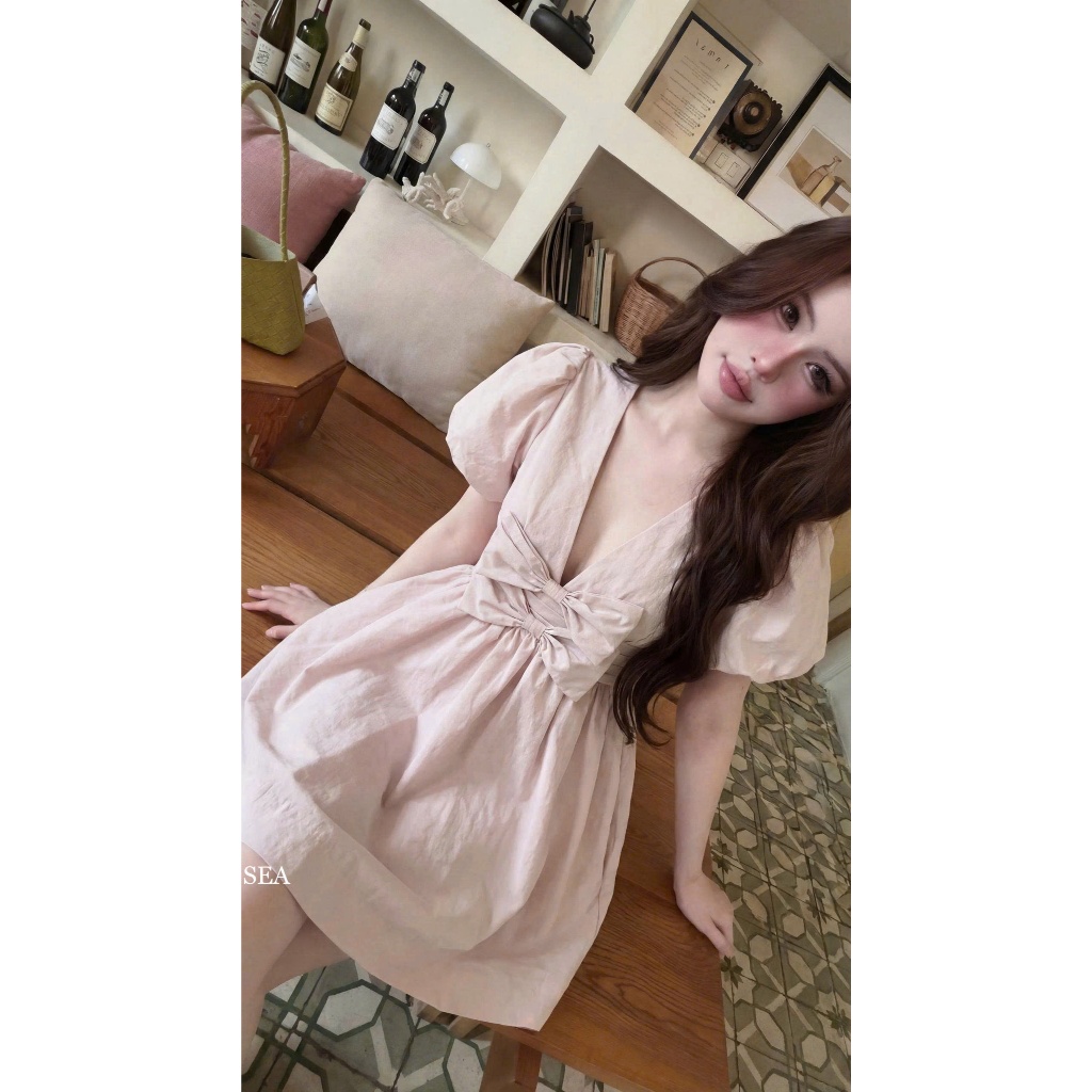 NH CLOTHER -Váy babydoll tay bồng phối nơ ngực to bản màu hồng nude tiểu thư