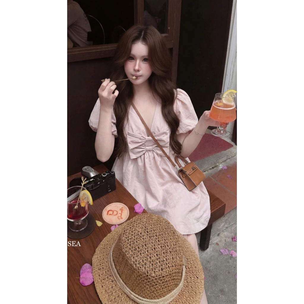 NH CLOTHER -Váy babydoll tay bồng phối nơ ngực to bản màu hồng nude tiểu thư