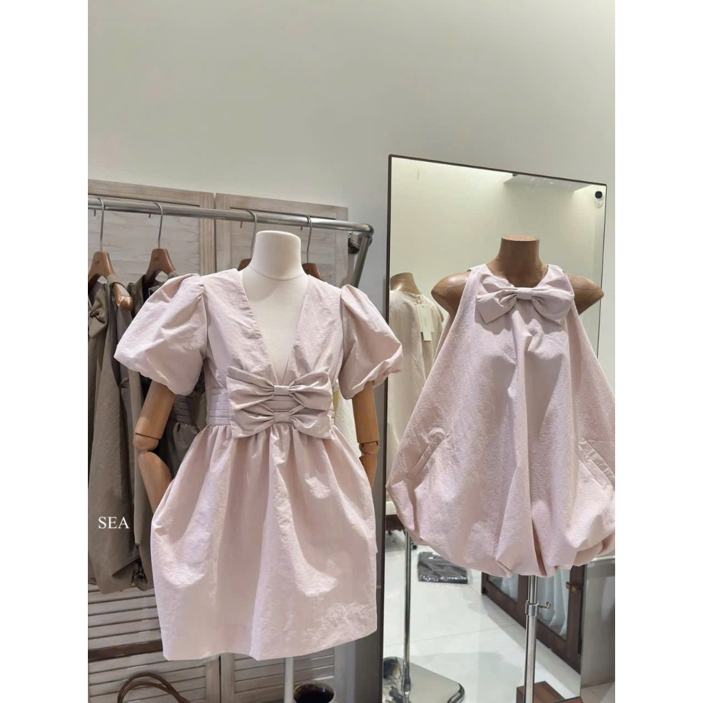 NH CLOTHER -Váy babydoll tay bồng phối nơ ngực to bản màu hồng nude tiểu thư