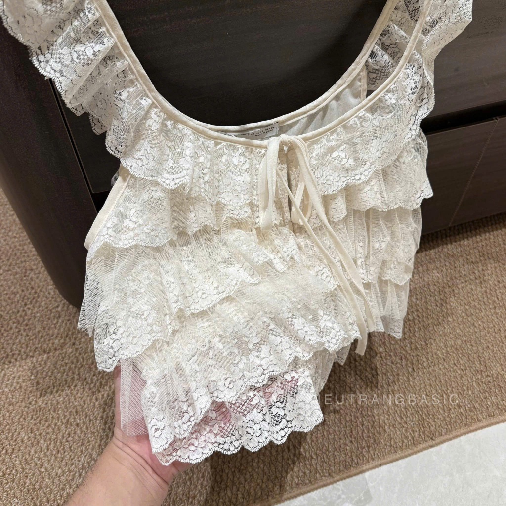 NH CLOTHER -Set áo ren 2 dây bèo tầng trắng phối quần suông dài thanh lịch